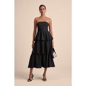 NWT Lulus Truly Marvelous Black Jacquard Strapless Tiered Midi Dress Gala Sz XXL